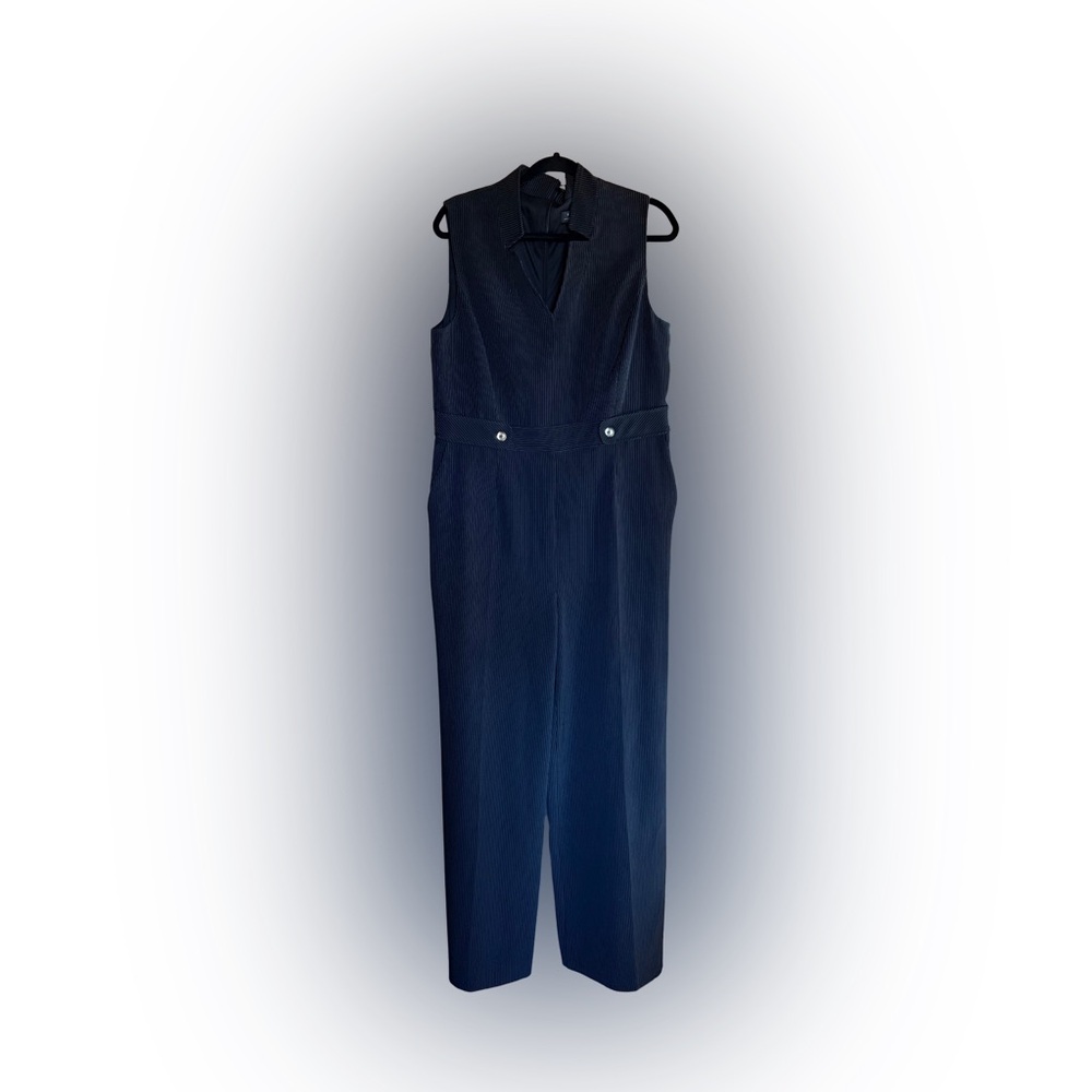 Tahari Elegant Black Pinstriped Sleeveless Jumpsuit